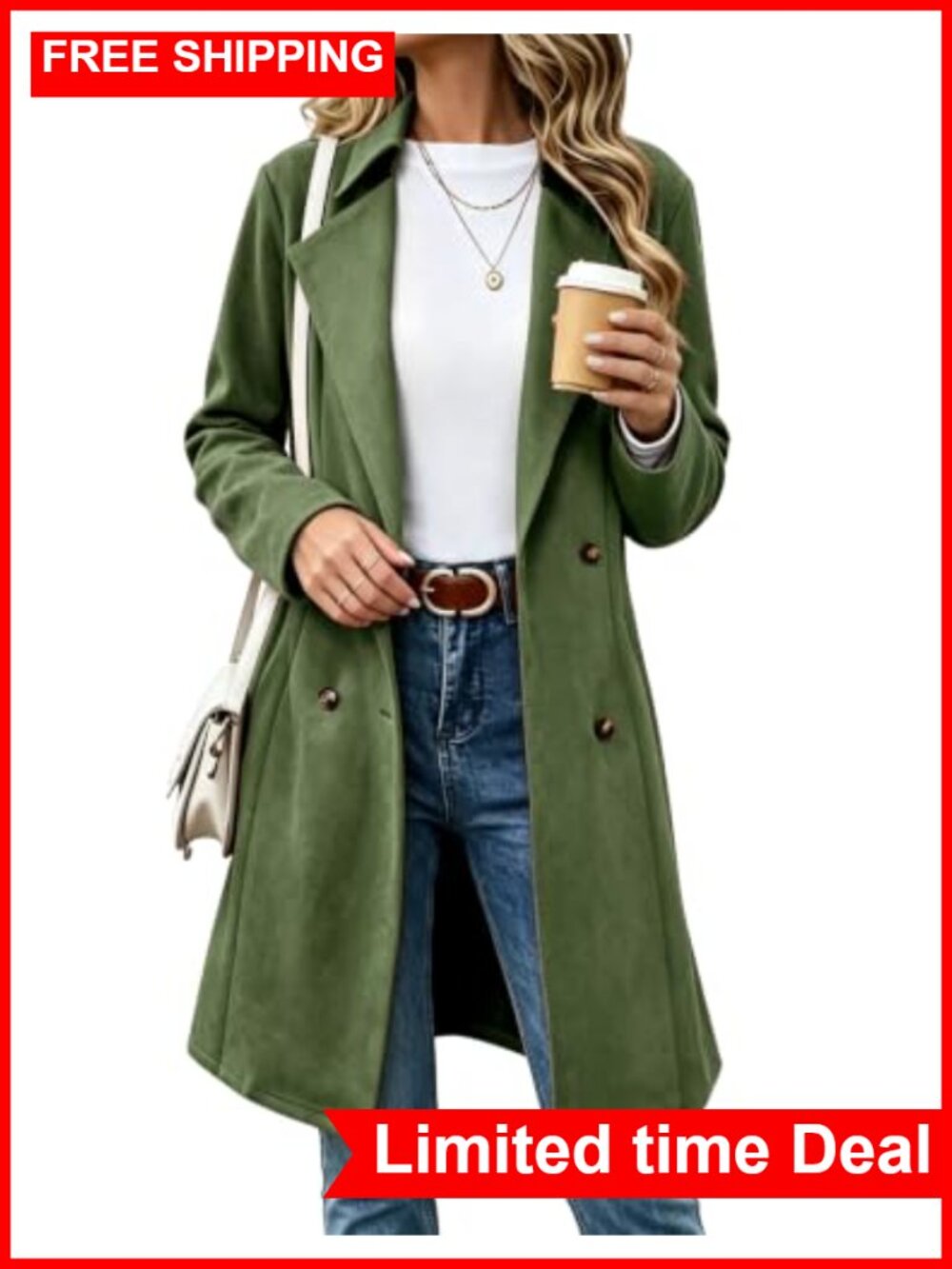 Faux Suede Leather Mid Long Trench Coat Lapel Pea Coat